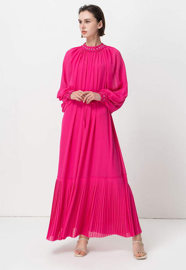 Choice Round Neck Embellished Crystal Dress Fuchsia