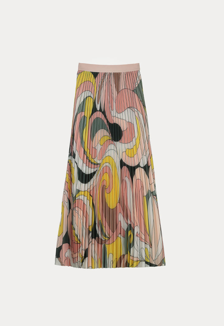 Choice Exposed Elastic Waistband Printed Pleated Skirt Pink