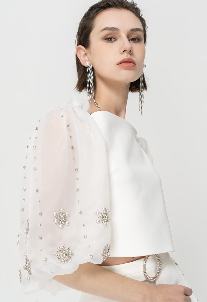 Choice Crystal Embellished Off Shoulder Crop Party Blouse  Offwhite