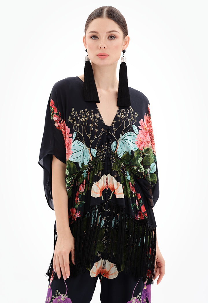 Choice Floral Print Blouse With Tassel Detail Black