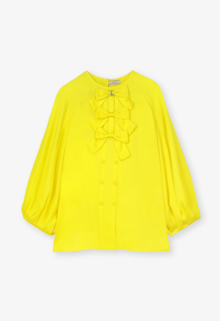 Choice Round Neck Embellished Crystal Ribbon Blouse Yellow