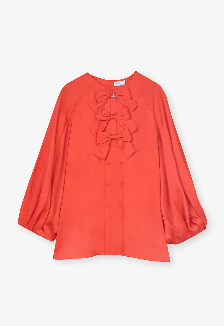 Choice Round Neck Embellished Crystal Ribbon Blouse Orange