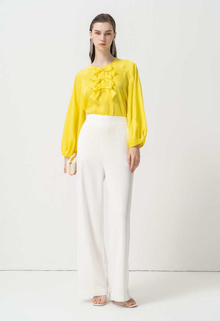 Choice Round Neck Embellished Crystal Ribbon Blouse Yellow