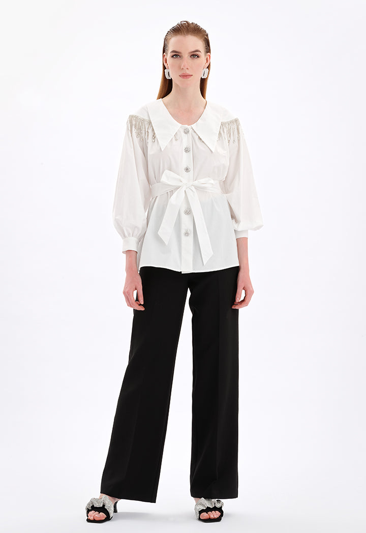 Choice Collared Crystal Embellished Shirt Off White