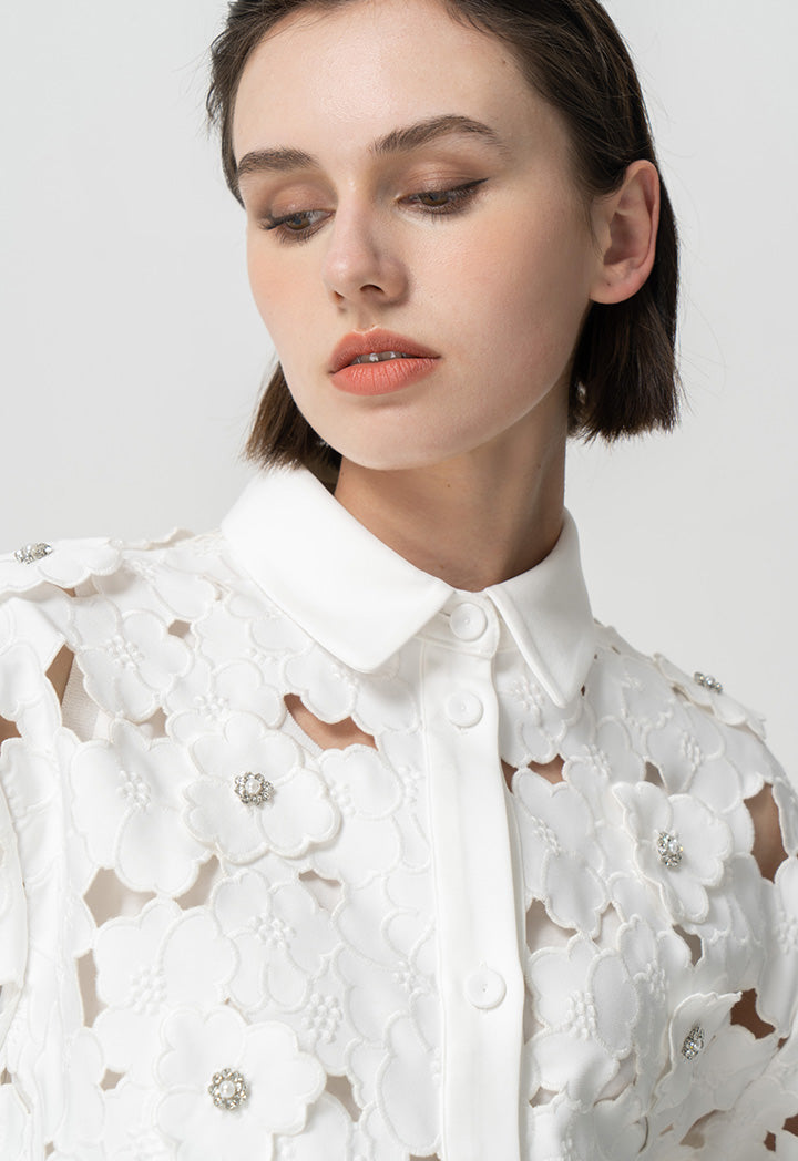 Choice Solid Long Sleeves Embellished Rhinestone Shirt Offwhite