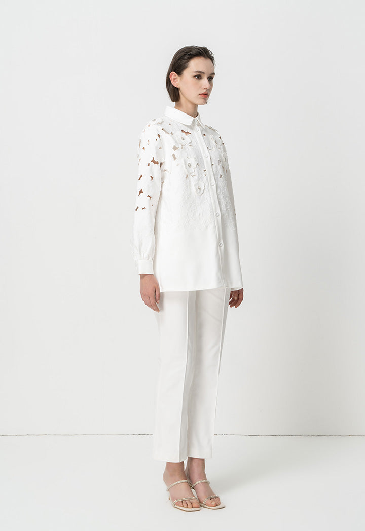 Choice Solid Long Sleeves Embellished Rhinestone Shirt Offwhite