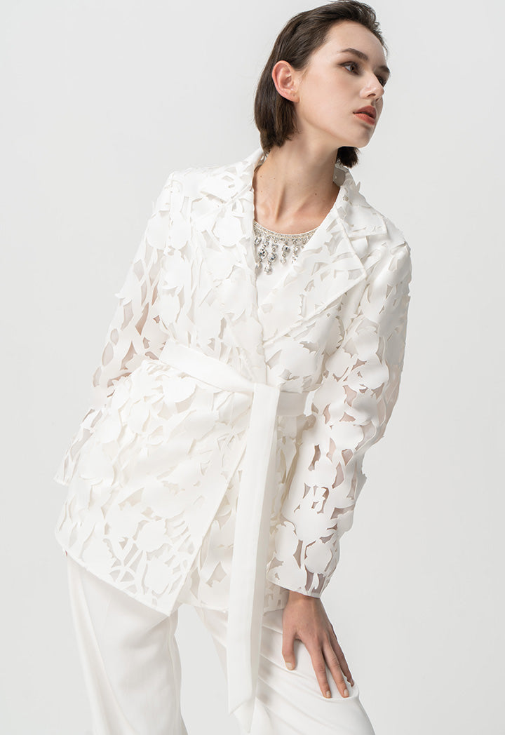 Choice Single Tone Laser Cut Fabric Organza Jacket Offwhite