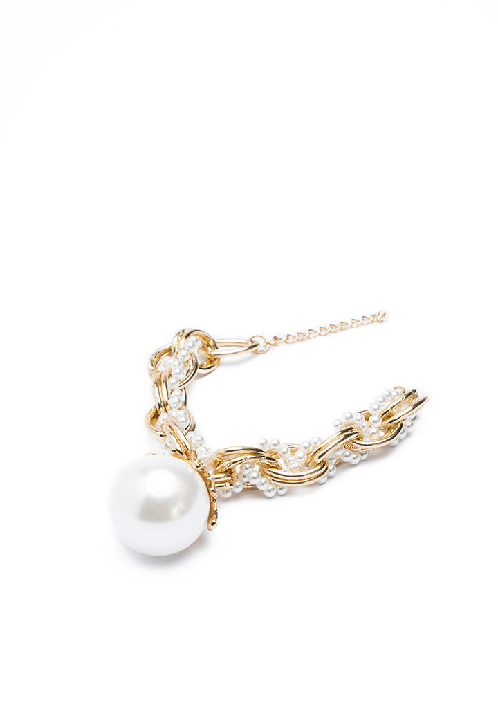 Choice Two Tone Chain Link Twist Braid Pearl Rhinestone Bracelet Gold  - White