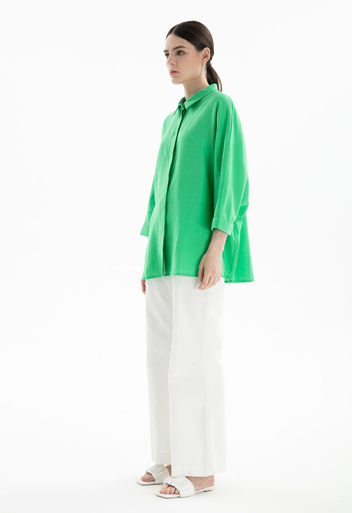 Choice Collared Concealed Buttons Oversized Shirt Green