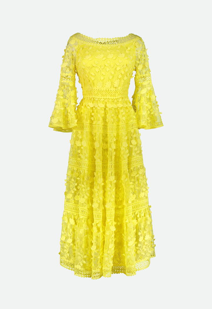 Choice Textured Tulle Lace Trim Dress Yellow