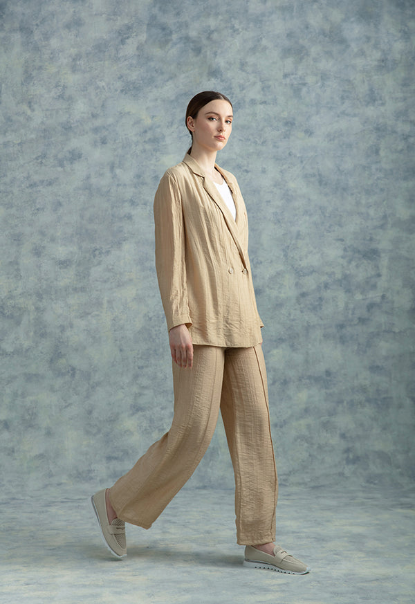 Choice Solid Textured Mid-Rise Trousers Sand Beige