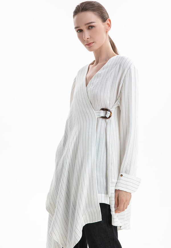 Choice Striped Asymmetrical Blouse Off White