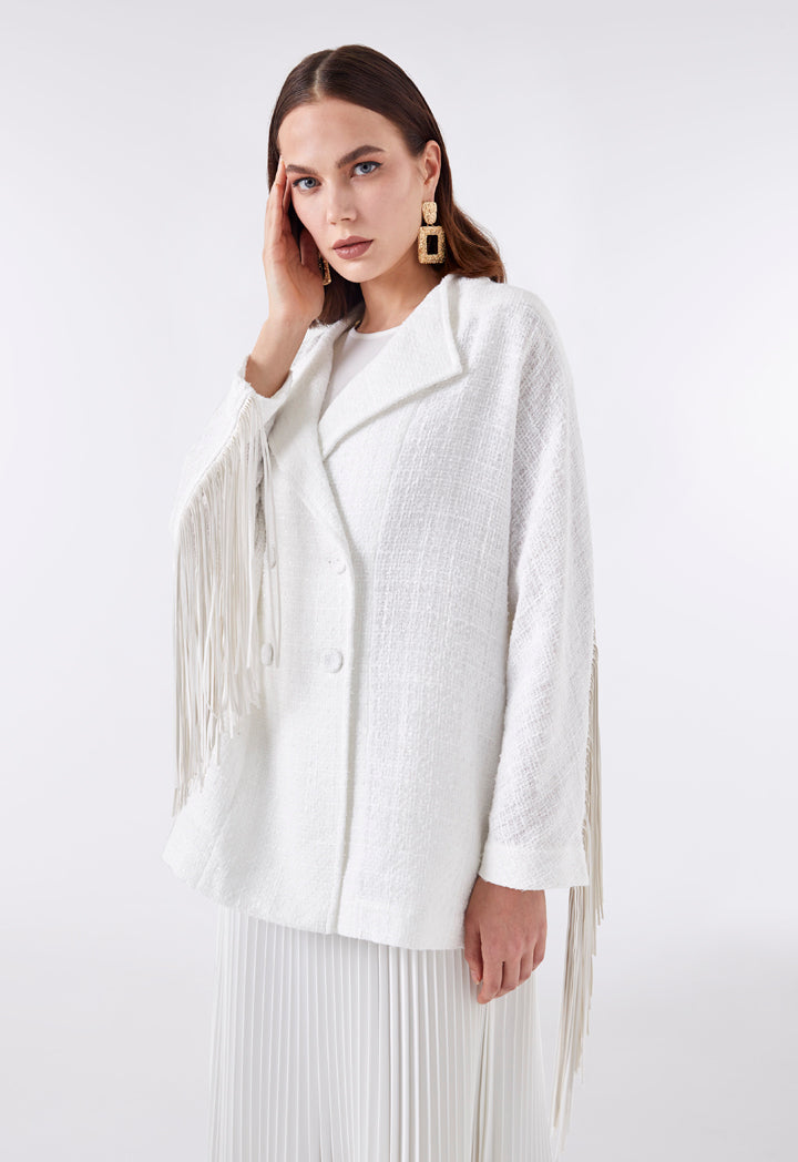 Choice Back Fringe Tweed Outerwear Off White - Wardrobe Fashion