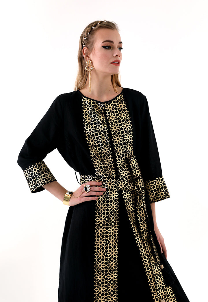 Choice Geometric Gold Print Abaya  Black - Wardrobe Fashion