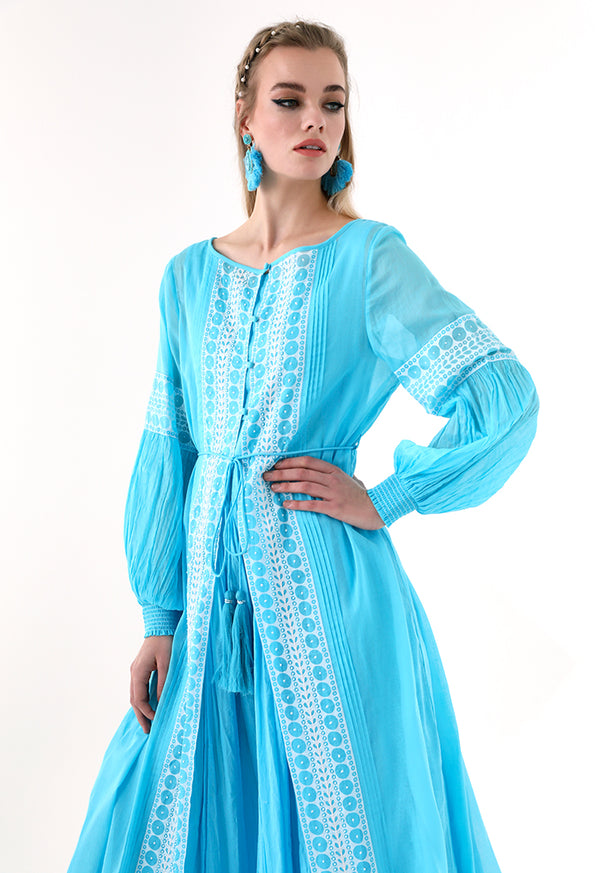 Choice Printed Beadwork Abaya Blue - Wardrobe Fashion