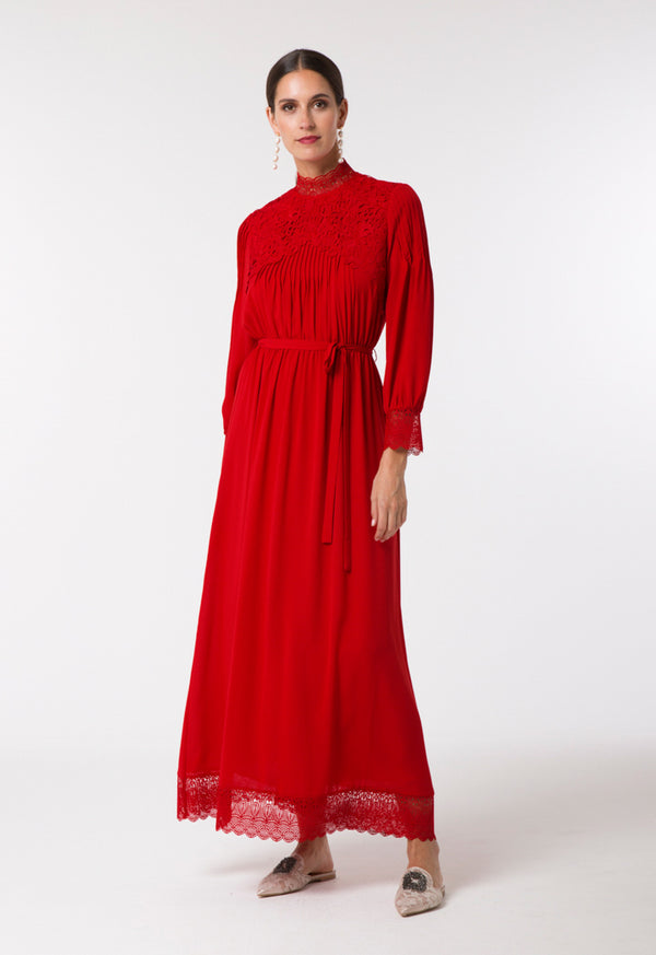 Choice Chiffon Pleated Lace Dress Red