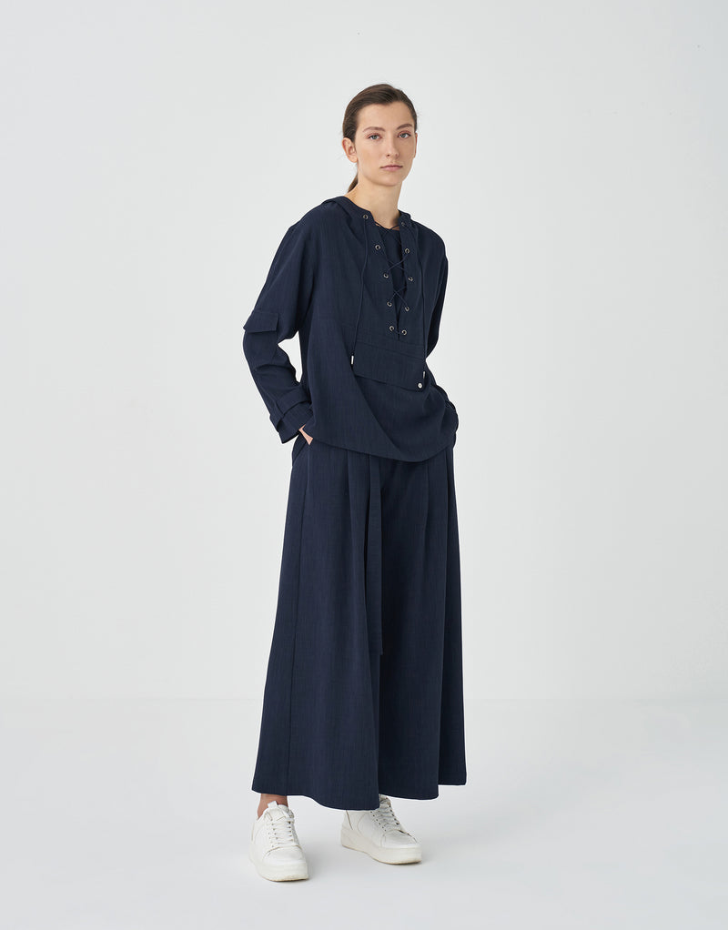 Kk Design Metal Eyelet Top & Flared Pants Set Navy Blue