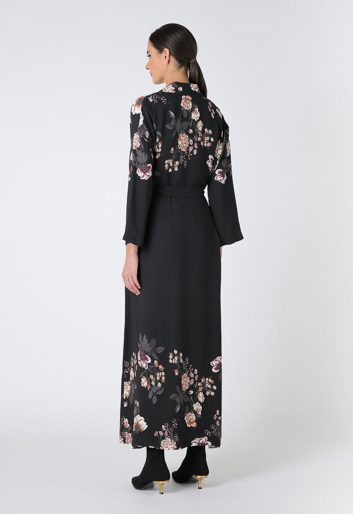 Choice Floral Print Open Front Maxi Abaya Black