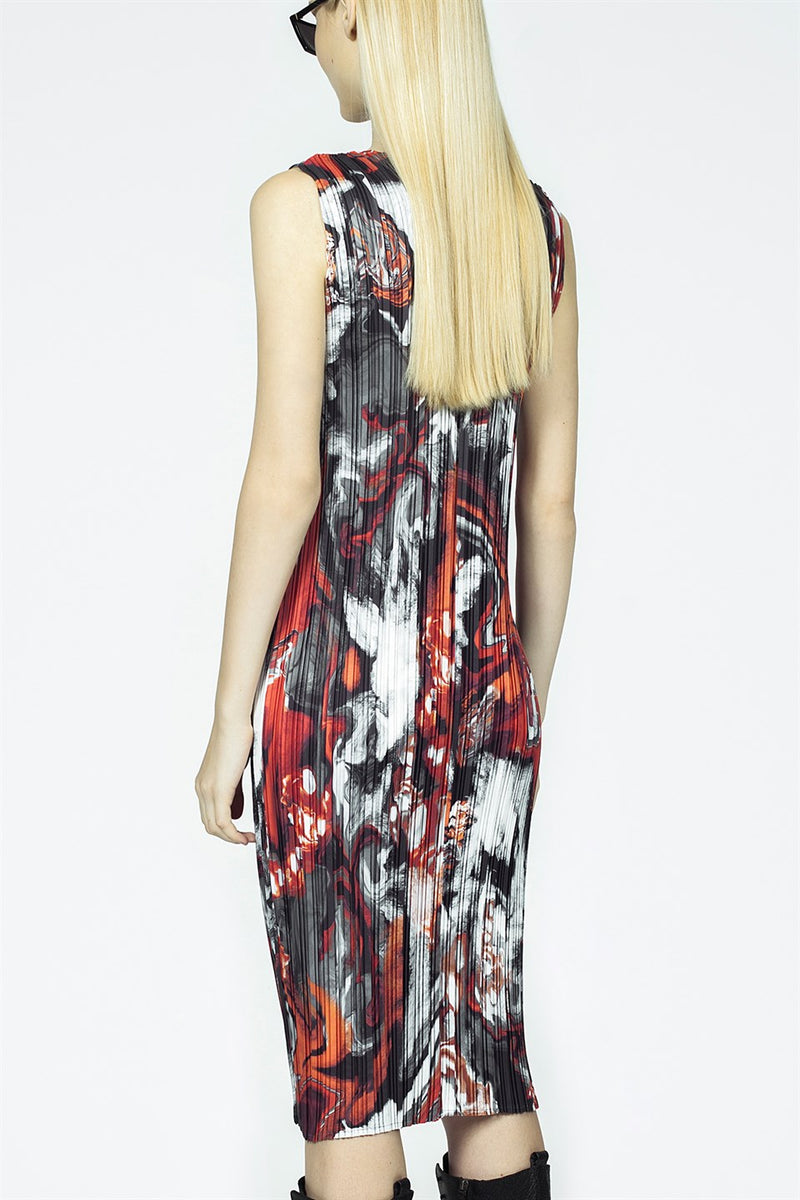 Nu Printed Sleeveless Pleated Midi Dress Multicolor