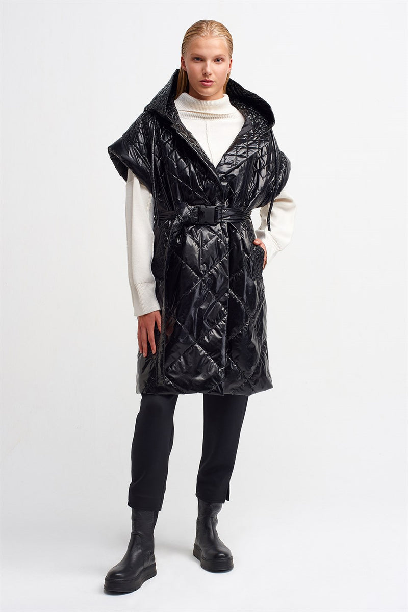 Nu Quilted Hooded Trench Coat Black