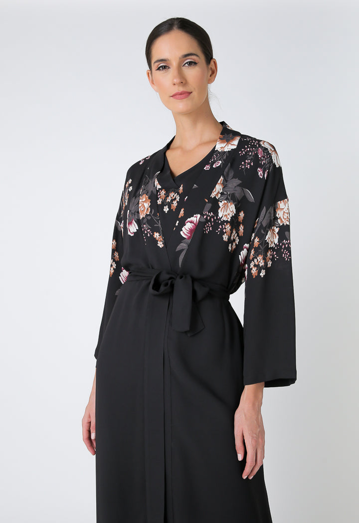 Choice Floral Print Open Front Maxi Abaya Black