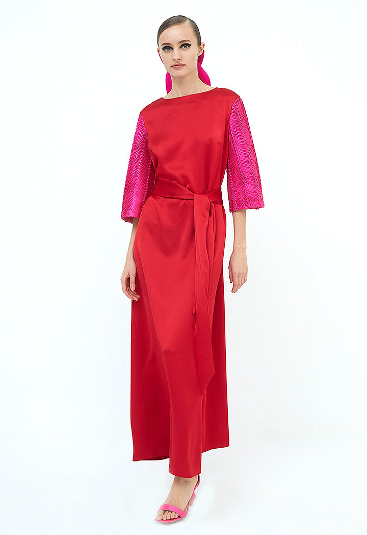 Choice Dual Fabric Long Dress Red - Wardrobe Fashion