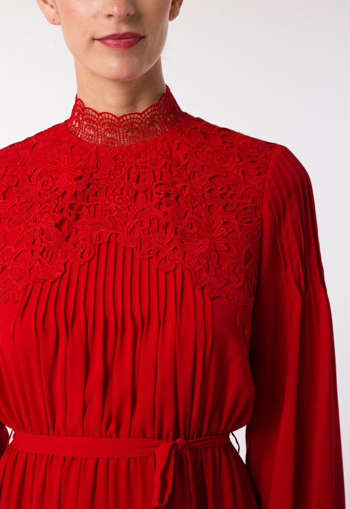 Choice Chiffon Pleated Lace Dress Red