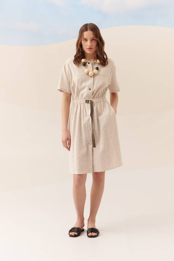 Roman Belt Detailed Linen Dress Natural