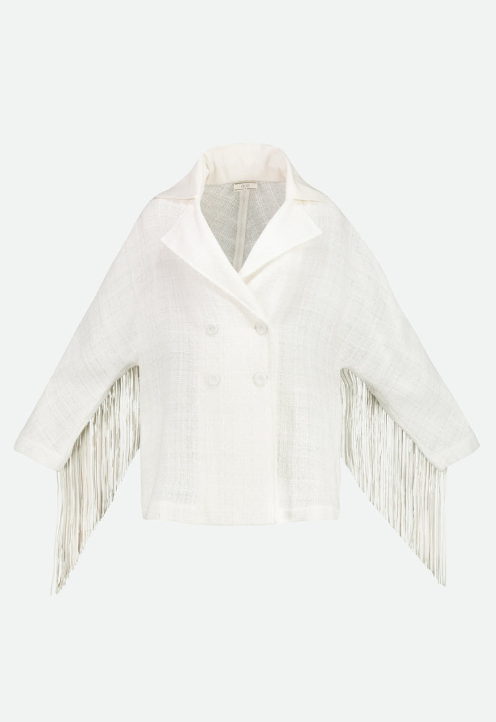 Choice Back Fringe Tweed Outerwear Off White - Wardrobe Fashion