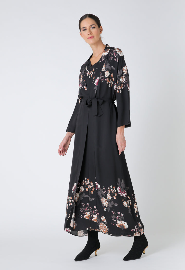 Choice Floral Print Open Front Maxi Abaya Black