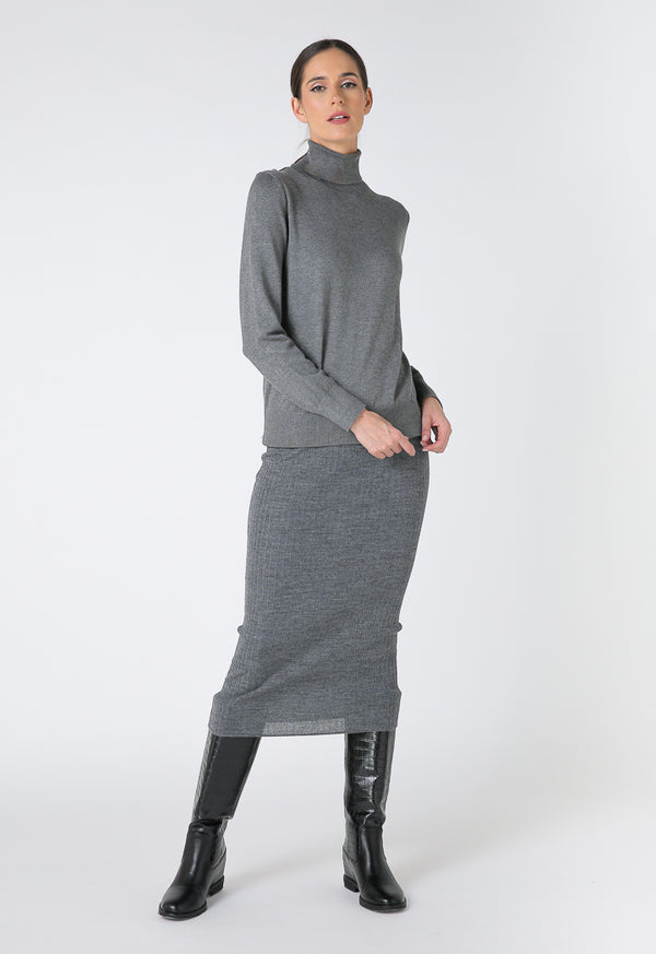 Choice Thick Ribbed Long Skirt Grey Melange