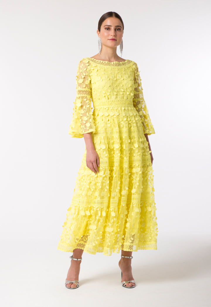 Choice Textured Tulle Lace Trim Dress Yellow