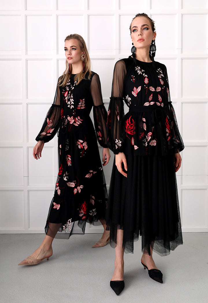 Choice Floral Embroidered Chiffon Blouse Black - Wardrobe Fashion