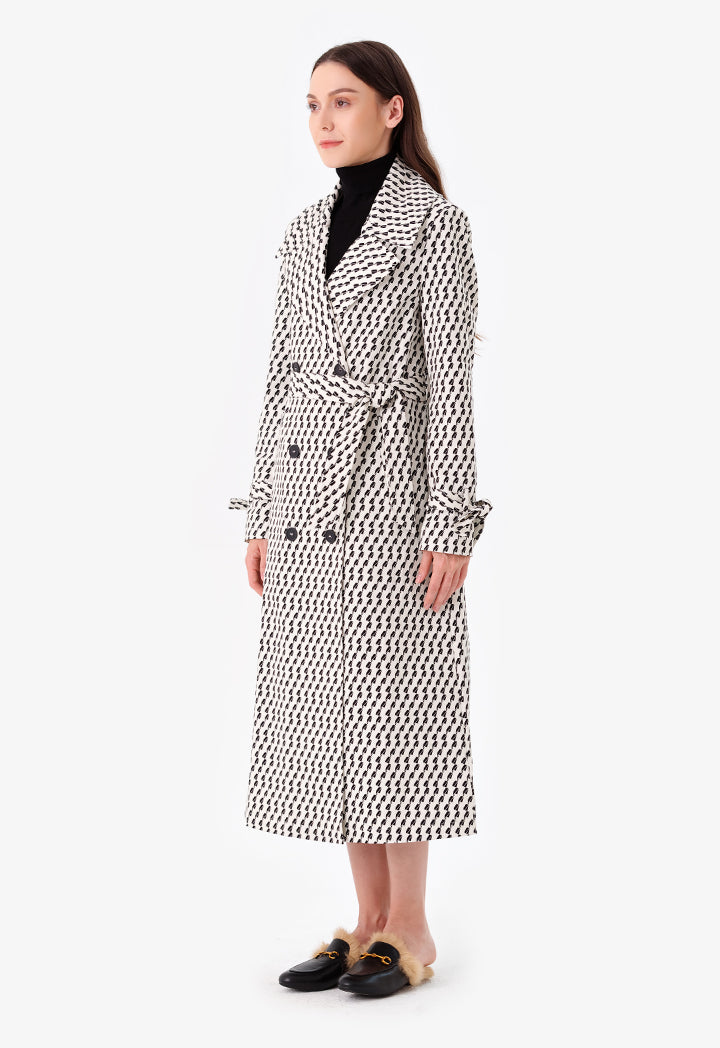 Choice Patterned Trench Coat With Belt Black