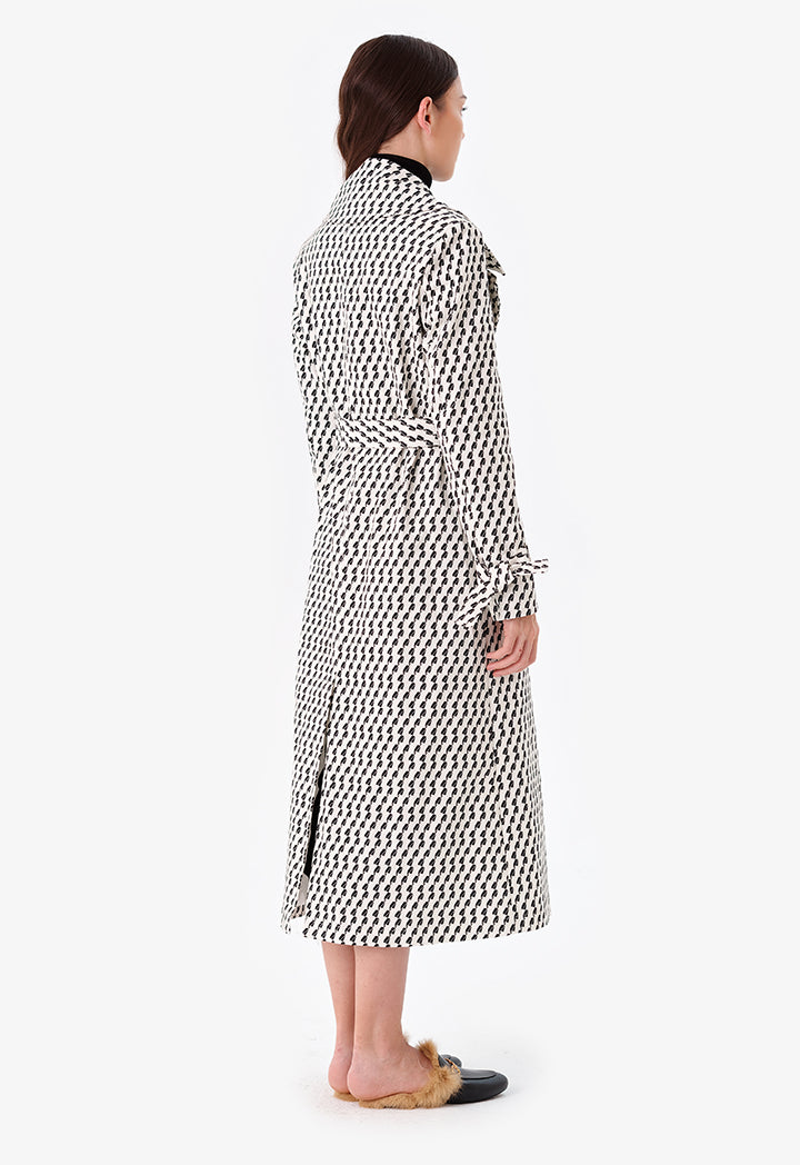 Choice Patterned Trench Coat With Belt Black