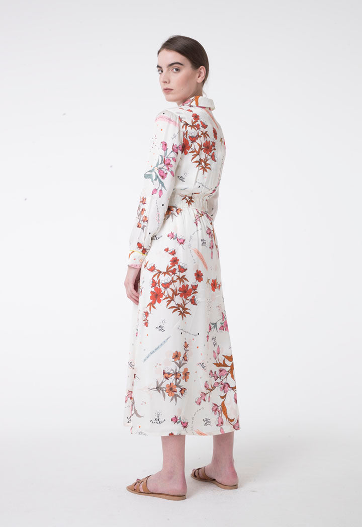 Apanage Floral Print Long Sleeve A-Line Maxi Shirt Dress Multi Color