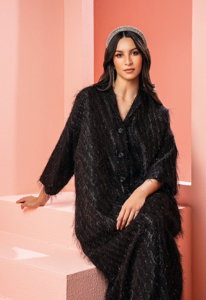 Choice Lurex Faux Feather Maxi Jacket Black