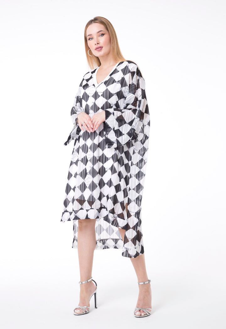 BERRIN Printed V-Neck Long Sleeve Short Dress BLACK