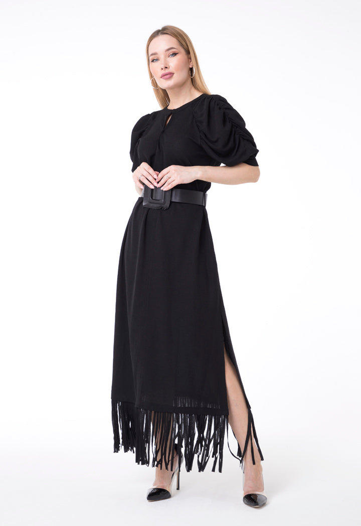 BERRIN Fringe Hem Belted Long Dress BLACK