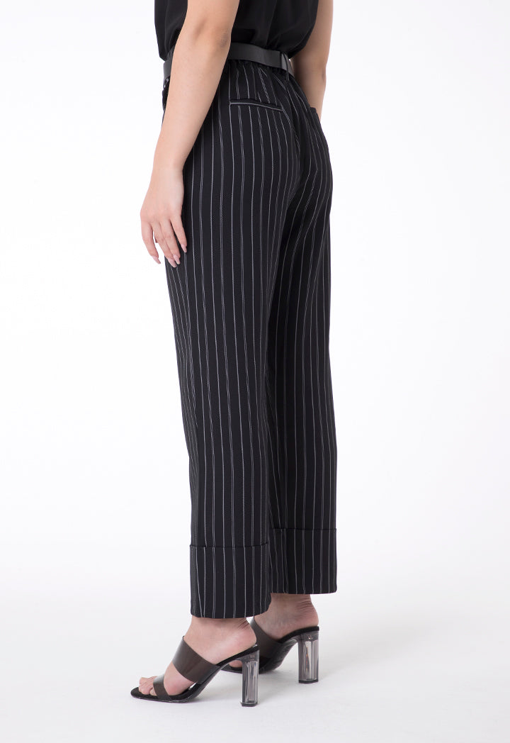 BERRIN Striped High Waist Belted Trouser BLACK