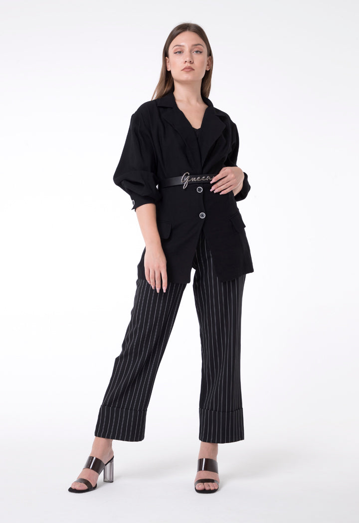 BERRIN Striped High Waist Belted Trouser BLACK