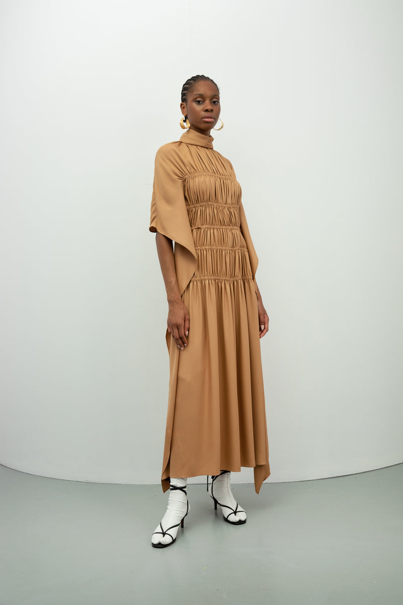 Baqa Detailed Sleeve Shirred Dress Camel