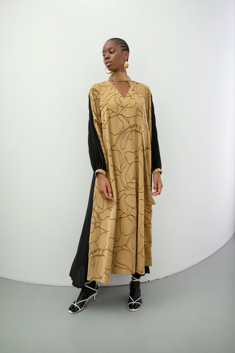 Baqa Embroidered Pleated Dress Camel