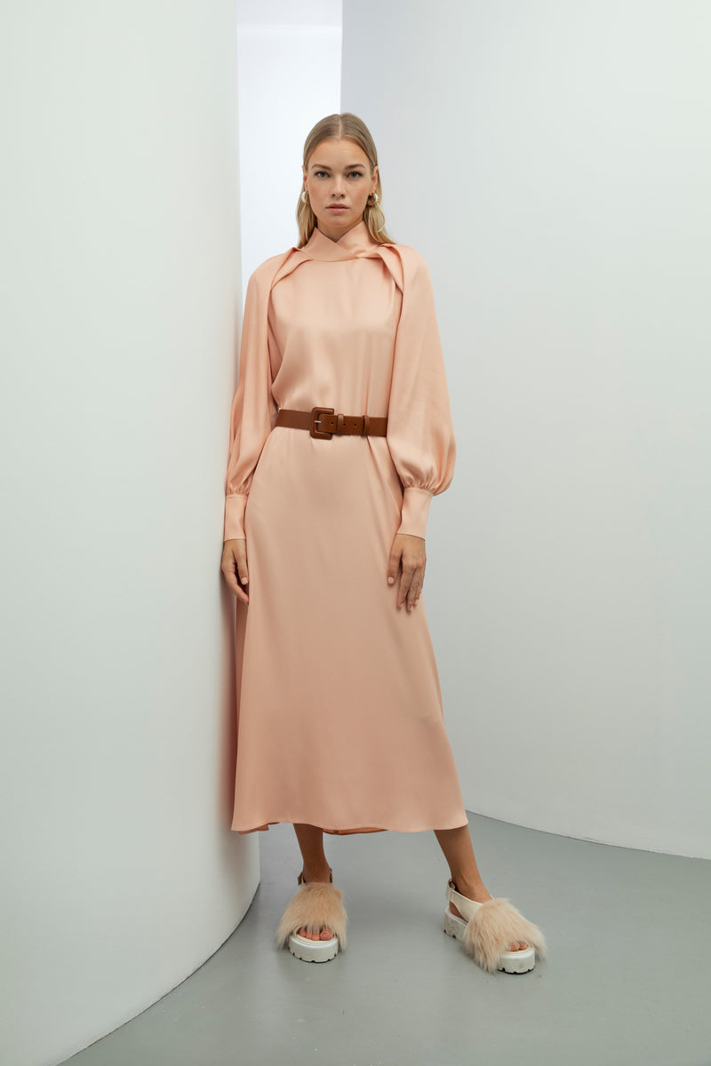 Baqa Collar Detail Belted Dress Powder