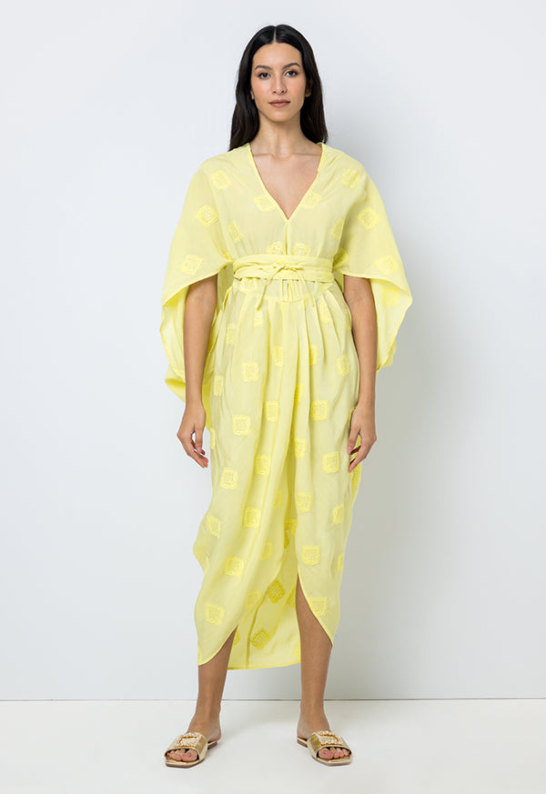 Choice Embroidered Sequins Short Sleeves Kaftan Yellow