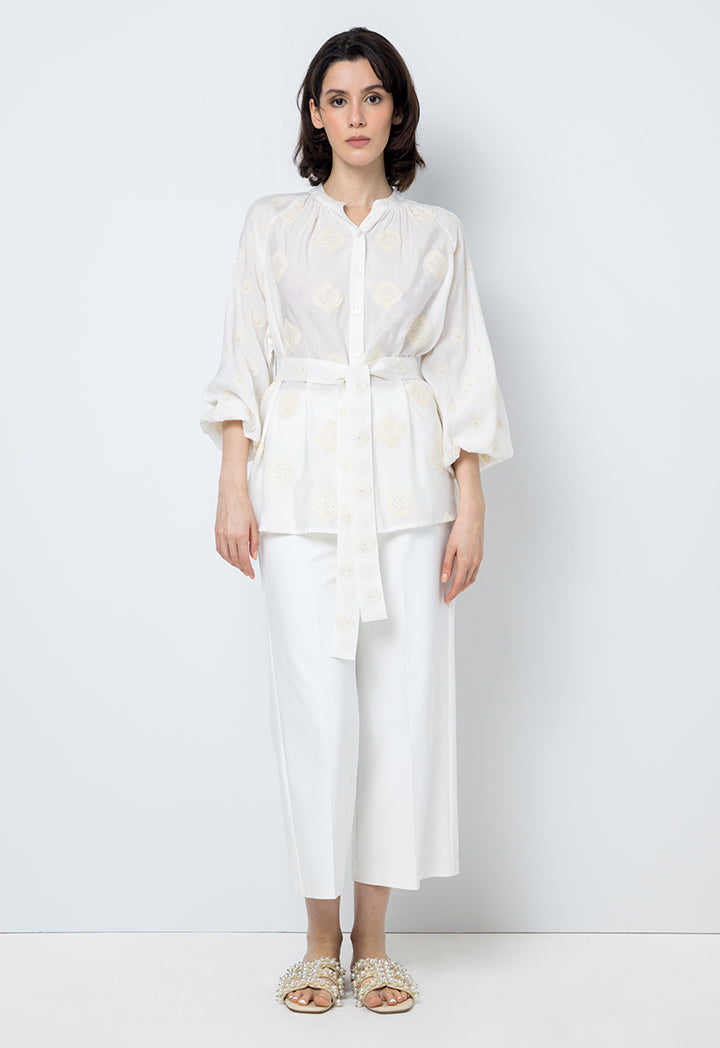 Choice Solid Embroidered Long Sleeves Shirt Offwhite