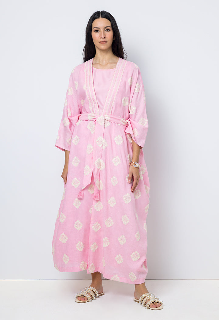 Choice Embroidered Sequins Kimono Sleeves Abaya Pink