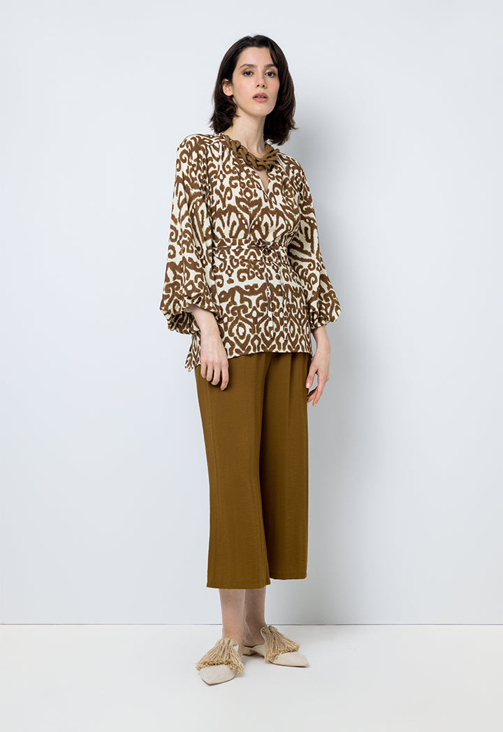 Choice Patterned Blouse With Chain Collar Brown