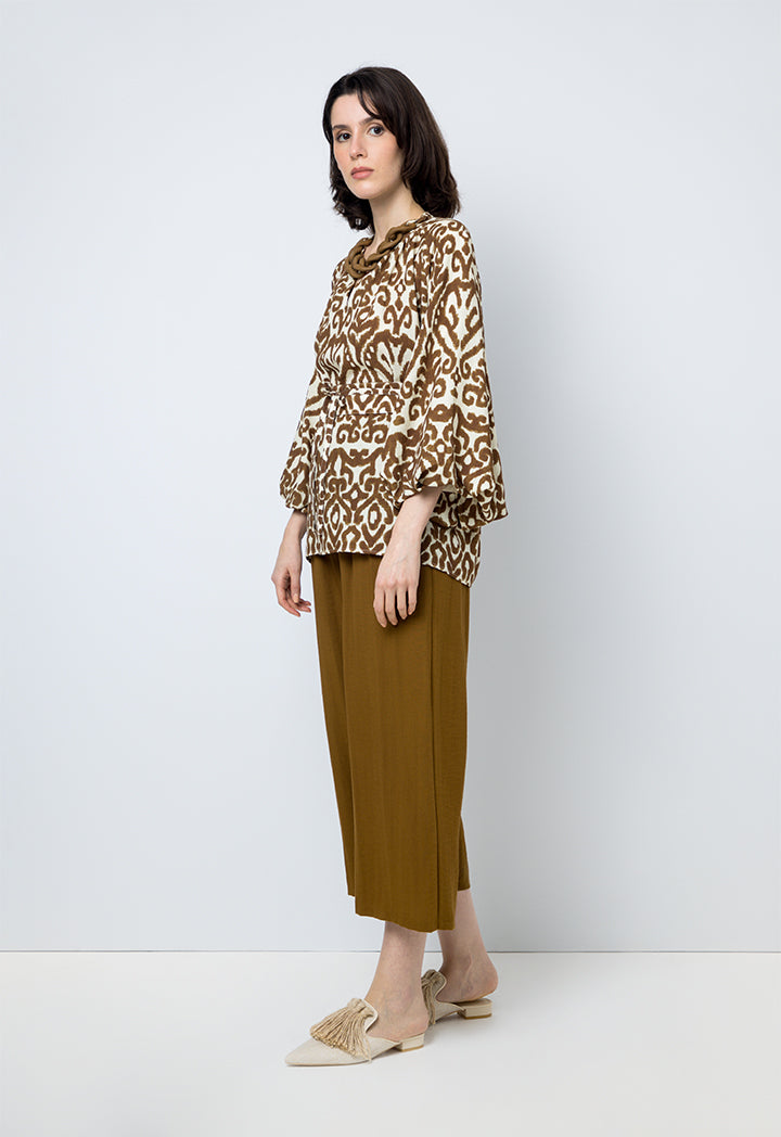 Choice Patterned Blouse With Chain Collar Brown