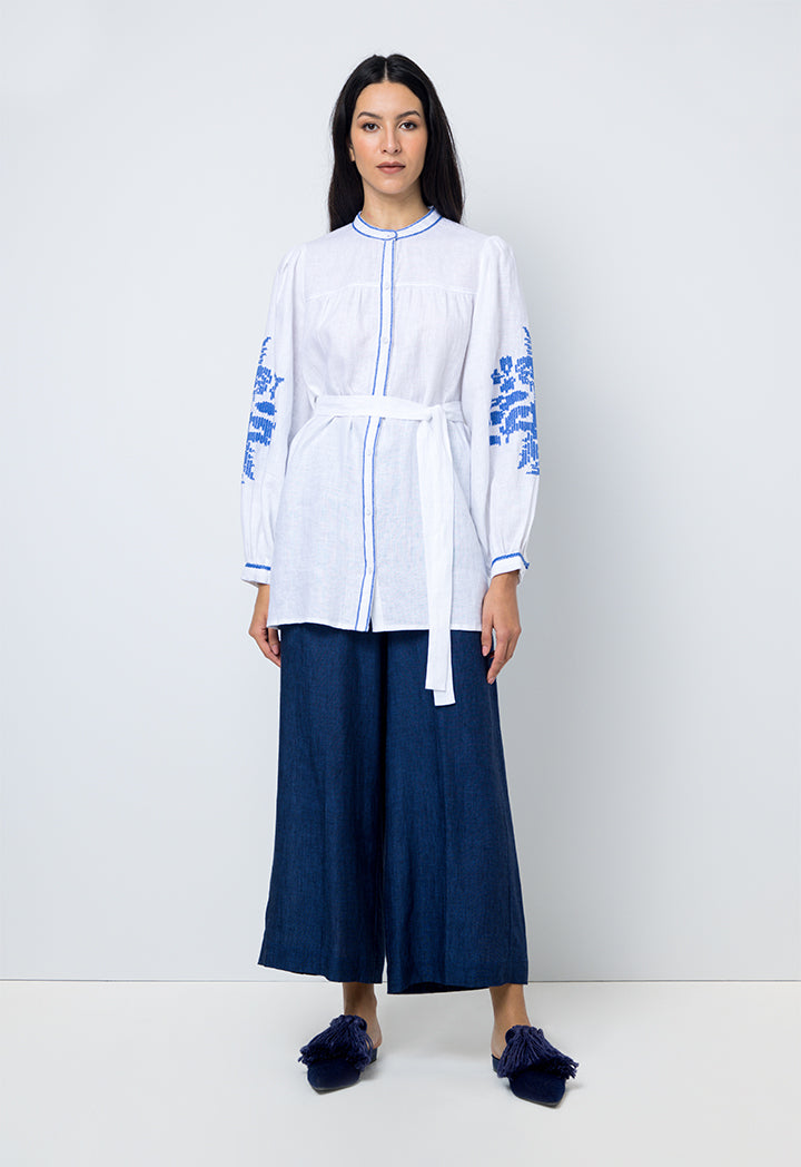 Choice Embroidered Print Shirt With Belt Offwhite